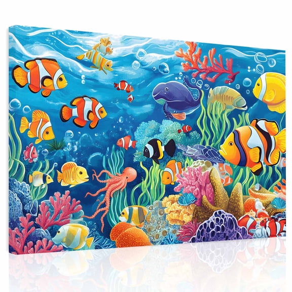 Ocean Underwater Canvas Print Wall Art, Marine Life Fish Octopus Coral Seagrass Wall Decor Modern Artwork Paintings Pictures for Living Room Framed and Stretched Ready to Hang, 12" x 16"