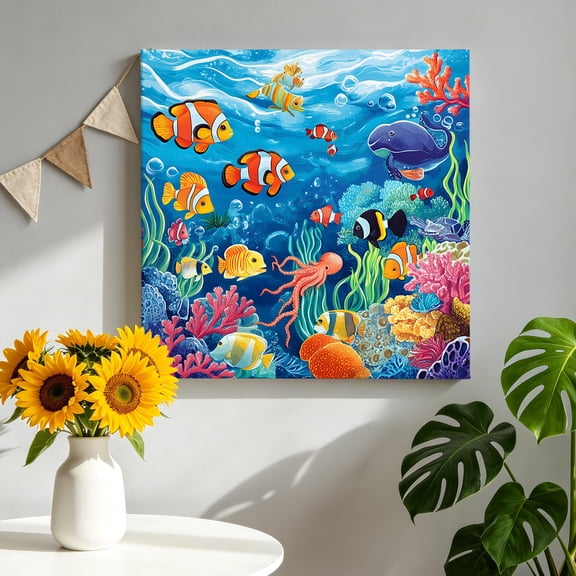 Ocean Underwater Canvas Wall Art Framed Wall Decor for Living Room Bedroom Bathroom, Marine Life Fish Octopus Coral Seagrass Canvas Pictures Ready to Hang Decor, 8"x8"