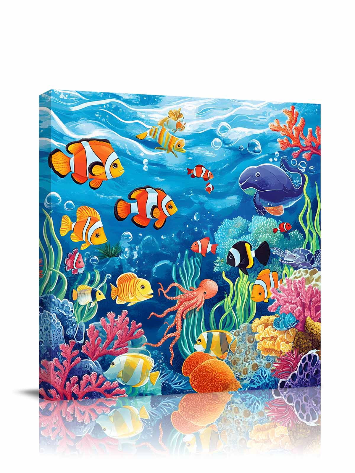 Ocean Underwater Canvas Wall Art, Marine Life Fish Octopus Coral Seagrass Framed Wall Decor Modern Artwork Prints Painting for Living Room, Bedroom, Kitchen & Cafe Decor 16x16 Inch