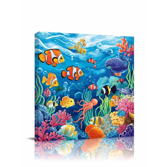 Ocean Underwater Canvas Wall Art, Marine Life Fish Octopus Coral Seagrass Framed Wall Decor Modern Artwork Prints Painting for Living Room, Bedroom, Kitchen & Cafe Decor 8x8 Inch