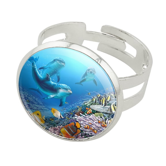 Ocean Underwater Dolphins Scuba Diving Reef Silver Plated Adjustable Novelty Ring