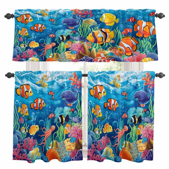 Ocean Underwater Kitchen Curtains Valances and Tiers Set of 3 Marine Life Fish Octopus Coral Seagrass Tier Curtains and Valance with Rod Pocket for Small Windows, 27.5"x24"