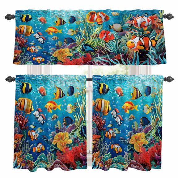 Ocean Underwater Kitchen Curtains Valances and Tiers Set of 3 World Color Tropical Fish Coral Marine Life Tier Curtains and Valance with Rod Pocket for Small Windows, 27.5"x24"