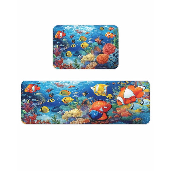 Ocean Underwater Kitchen Mats for Floor 2 Piece, World Tropical Fish Coral Color Marine Life Absorbent Non-Slip Kitchen Rugs Comfort Standing Mat for Laundry, Hallways 20"x24"+20"x48"