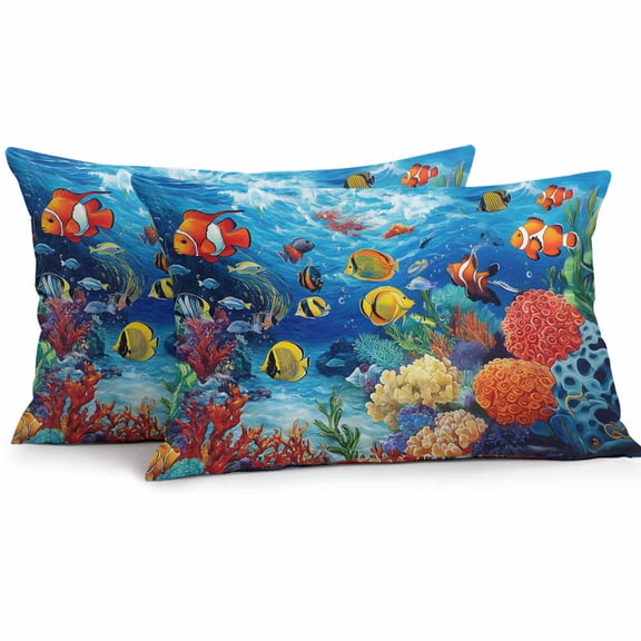 Ocean Underwater Outdoor Pillow Covers Pack of 2 World Tropical Fish Coral Color Marine Life Waterproof Throw Pillow Covers Decorative Cushion Cases for Patio Garden Tent Balcony Couch 20x12 inch