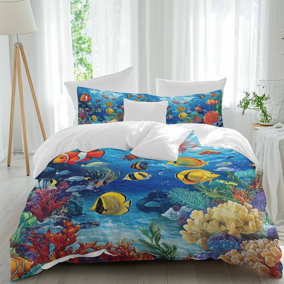 Ocean Underwater Twin Size Comforter Set, World Tropical Fish Coral Color Marine Life Bedding for All Seasons, 4 Pcs Bed Set, 1 Quiltcover (68"x86") ,1Sheet(67"x116"), 2Pillowcases (30"x20")