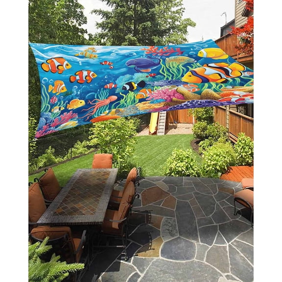 Ocean Underwater Waterproof Sun Shade Sail Marine Life Fish Octopus Coral Seagrass Outdoor Patio Sun Shades Canopy UV Block Waterproof Sunshade for Garden Backyard Deck Pergola 8x10 Ft