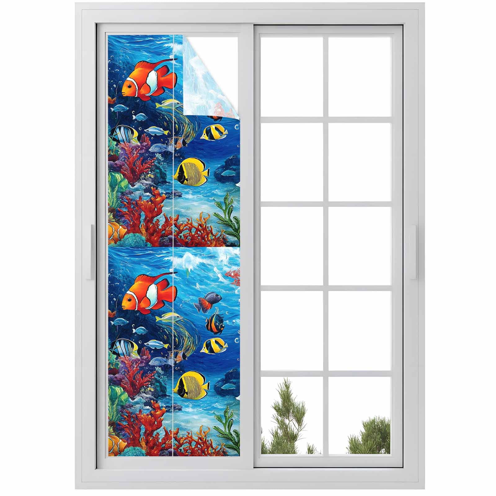 Ocean Underwater Window Privacy Film World Tropical Fish Coral Color Marine Life Decorative Glass Window Film UV Blocking Static Cling Non-Adhesive Sticker Covering for Home Door 17.7 x 78.7 inches