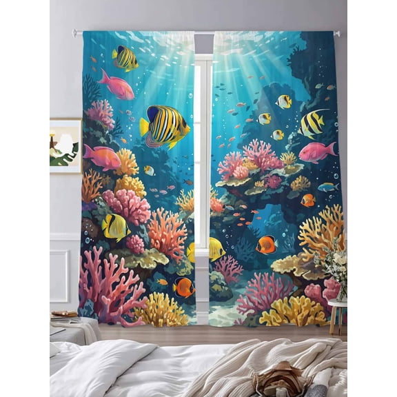 Ocean Underwater World Coral Sheer Curtains 2 Panels Set Marine Life Fish Reef Lihgt Filtering Rod Pocket Voile Drape,Semi Sheer Window Curtains for Bedroom Living Room,52"x84"