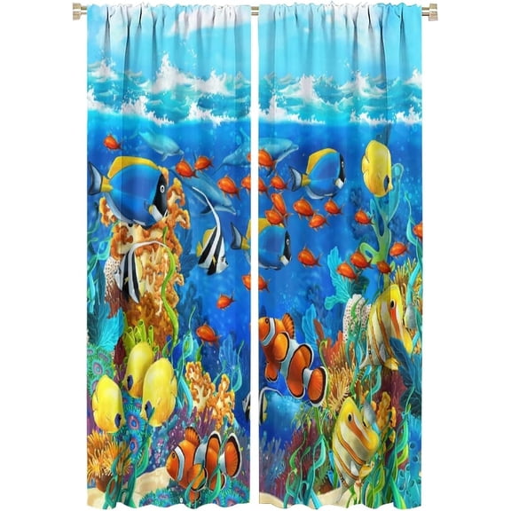 Ocean Underwater World Curtains Colorful Cartoon Sea Animal Marine Life Whale Blue Art Print for Kids Bedroom Living Room Decor Rod Pocket Blackout Window Drapes 2 Panels 42x63in
