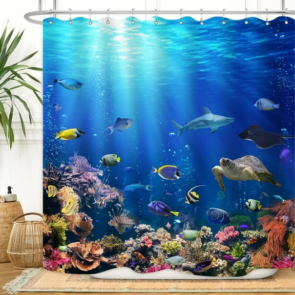 Ocean Underwater World Shower Curtain Colorful Tropical Fishes Turtle Coral in The Deep Sea Home Décor Waterproof Fabric 72Lx72W Inch Blue Plastic Hooks 12PCS