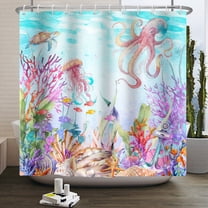 Ocean Underwater World Shower Curtain Colorful Tropical Octopus Fishes Turtle Coral in The Deep Sea Bathroom Curtain 72"x72" Inch