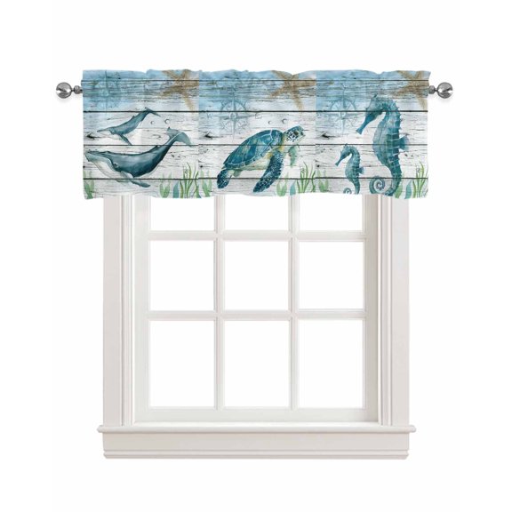 Ocean Valances Curtain Seagrass Turtle Octopus Whale Starfish Wood Grain Kitchen Rod Pocket Short Panels Window Treatment Topper Curtains for Living Bedroom 1 Panel 54x18 inch