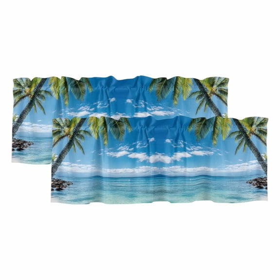 Ocean Valances for Windows, Decorative Rod Pocket Window Valance Curtains, Summer Palm Trees Blue Sky Beach Scenery Short Curtain Drapes for Kitchen/Bathroom/Living Room, 2 Panels, 60" W x 18" L