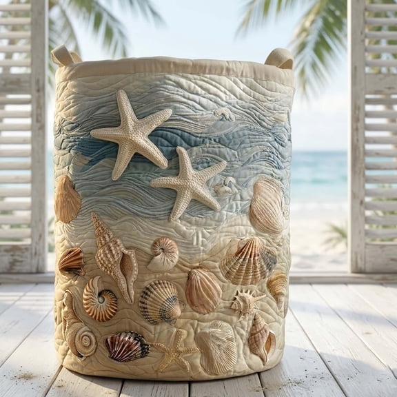 Ocean Vibe Quilted Laundry Basket: Coastal Theme Storage Bin, Nautical Clothes Basket