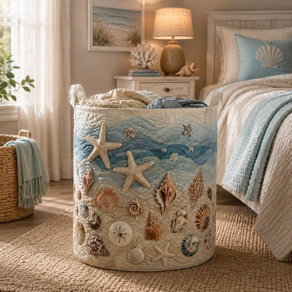 Ocean Vibe Quilted Laundry Basket, Coastal Theme Storage Bin, Nautical Clothes Hamper, Beach House Decor, Ocean Lover Gift