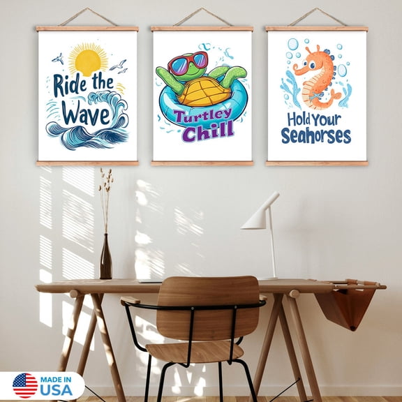 Ocean Vibes Set of 3 Magnetic Wood Frame Hanger by Dancing Littles Jungle - Size 17.5x24 Inch