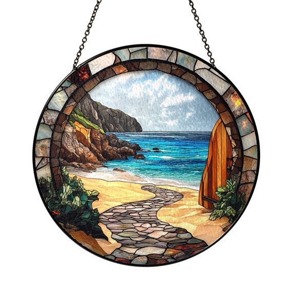 Ocean View Beach Stained Glass Window Decor, Nautical Suncatcher for Calm Coastal Inspired Interiors