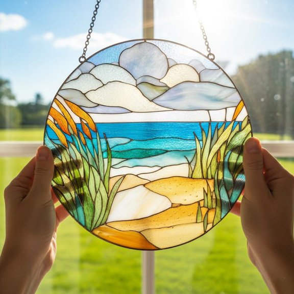 Ocean View Coastal Path Suncatcher, Round Glass Style Beach Window Decor, Coastal Home, 6.3 in