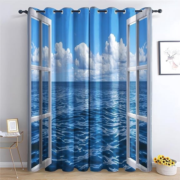 Ocean View Curtains, Blue Water Wave Patterned Blackout Curtains for Bedroom Living Room Decor, Room Darkening Thermal Insulated Grommet Drapes 42"W x 84"L (Pack of 2)