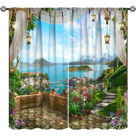 Ocean View Curtains, Tropical Island Garden Turquoise Natural Scenery Seascape Thermal Insulation Blackout Window Drapes for Living Room Bedroom Cafe 84x84in