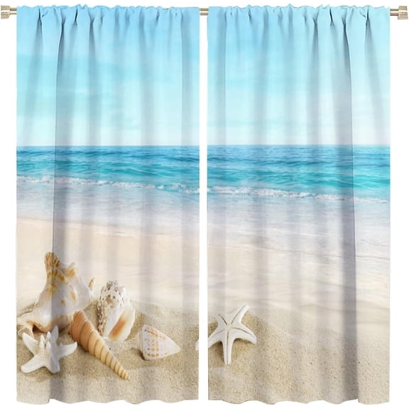 Ocean View Curtains Tropical Sea Waves Beach Starfish Conch Blue Bedroom Bathroom Living Room Kitchen Decor Rod Pocket Blackout 2 Panels 42x54in