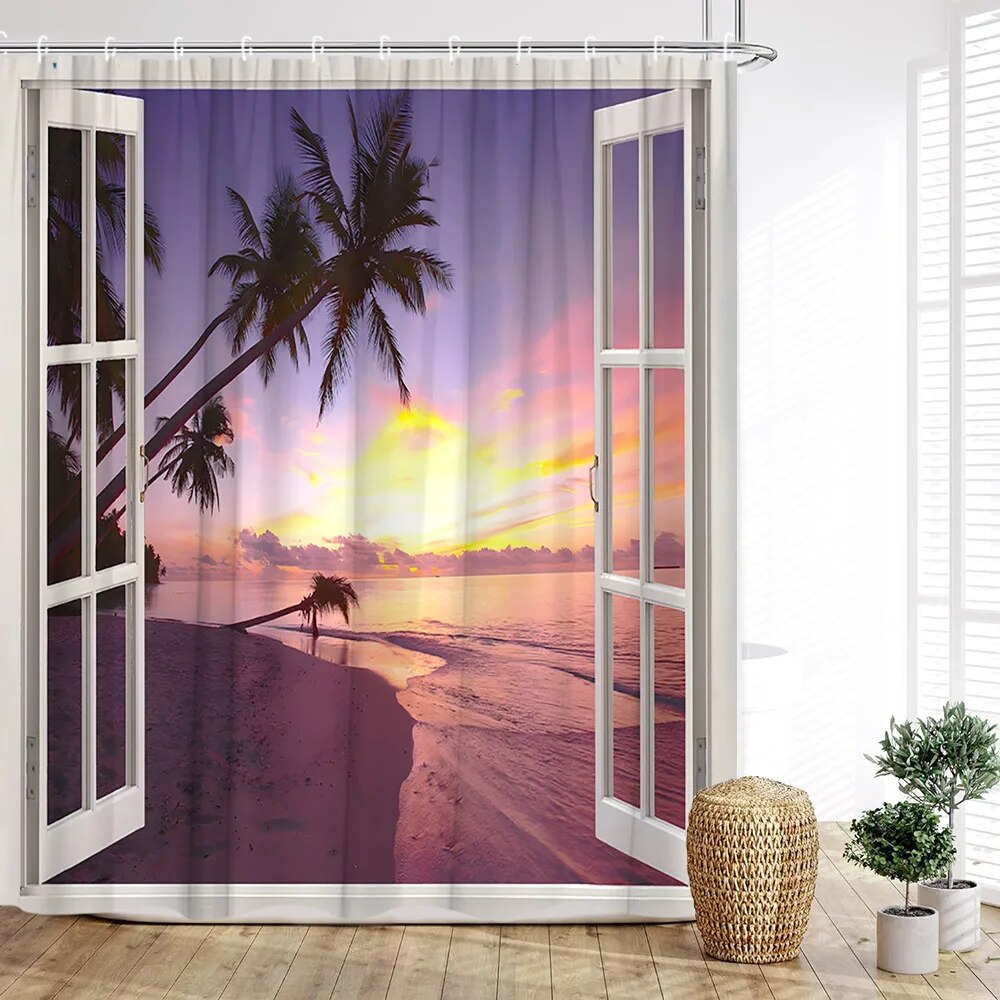 Ocean View Shower Curtain Beachfront Window View Beach Nature Landscape