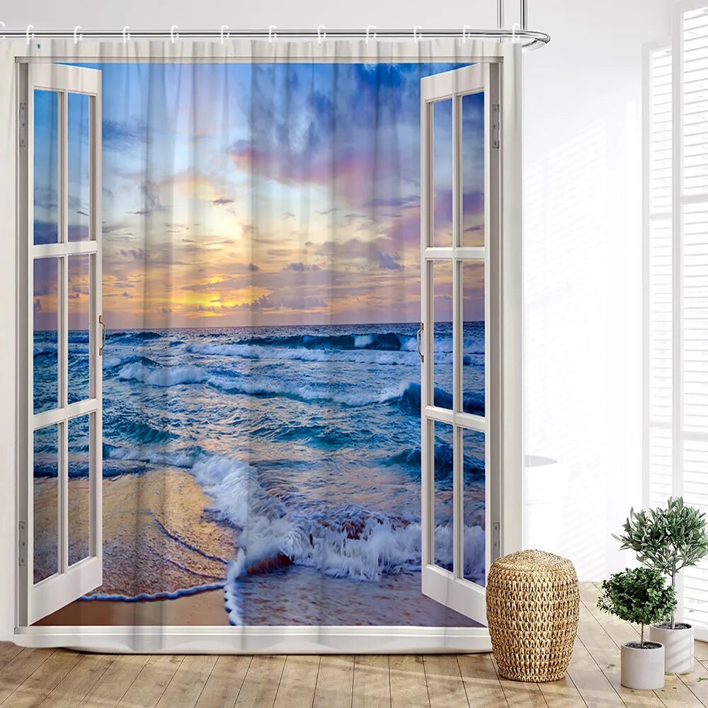 Ocean View Shower Curtain Beachfront Window View Beach Nature Landscape
