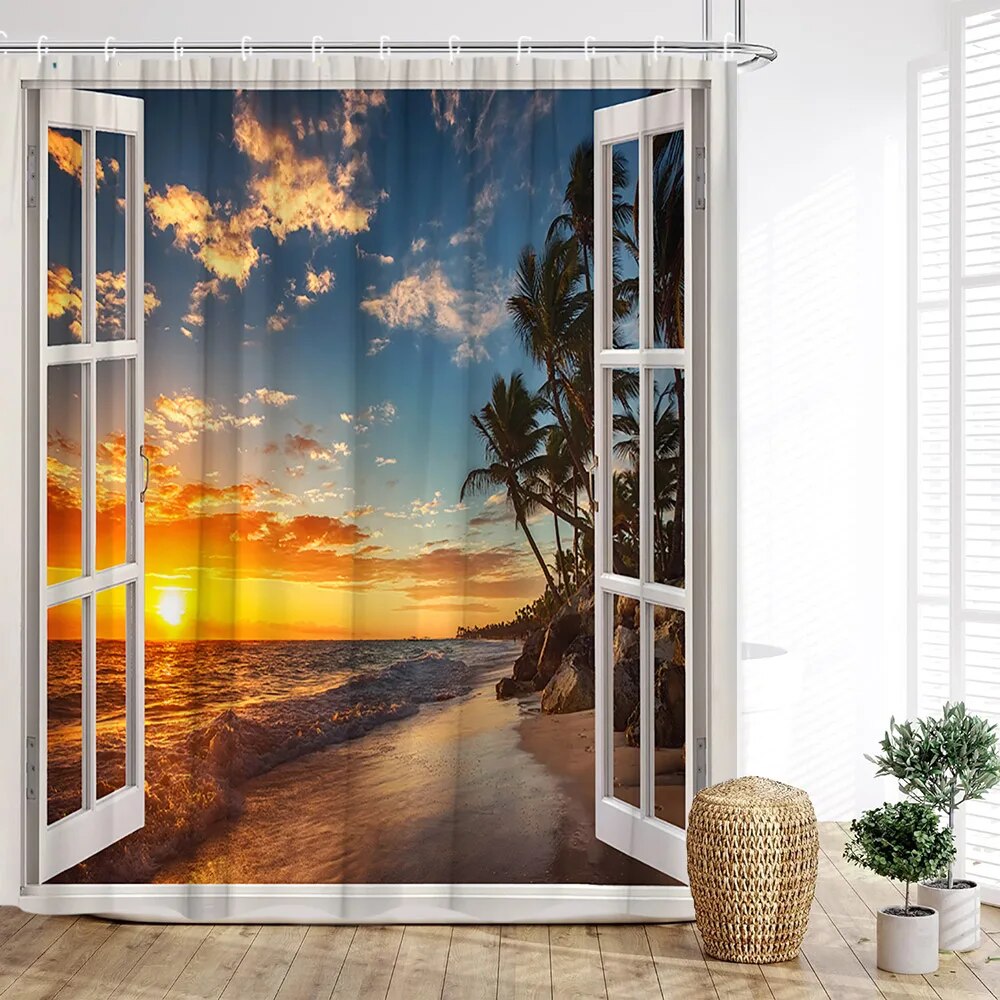 Ocean View Shower Curtain Beachfront Window View Beach Nature Landscape