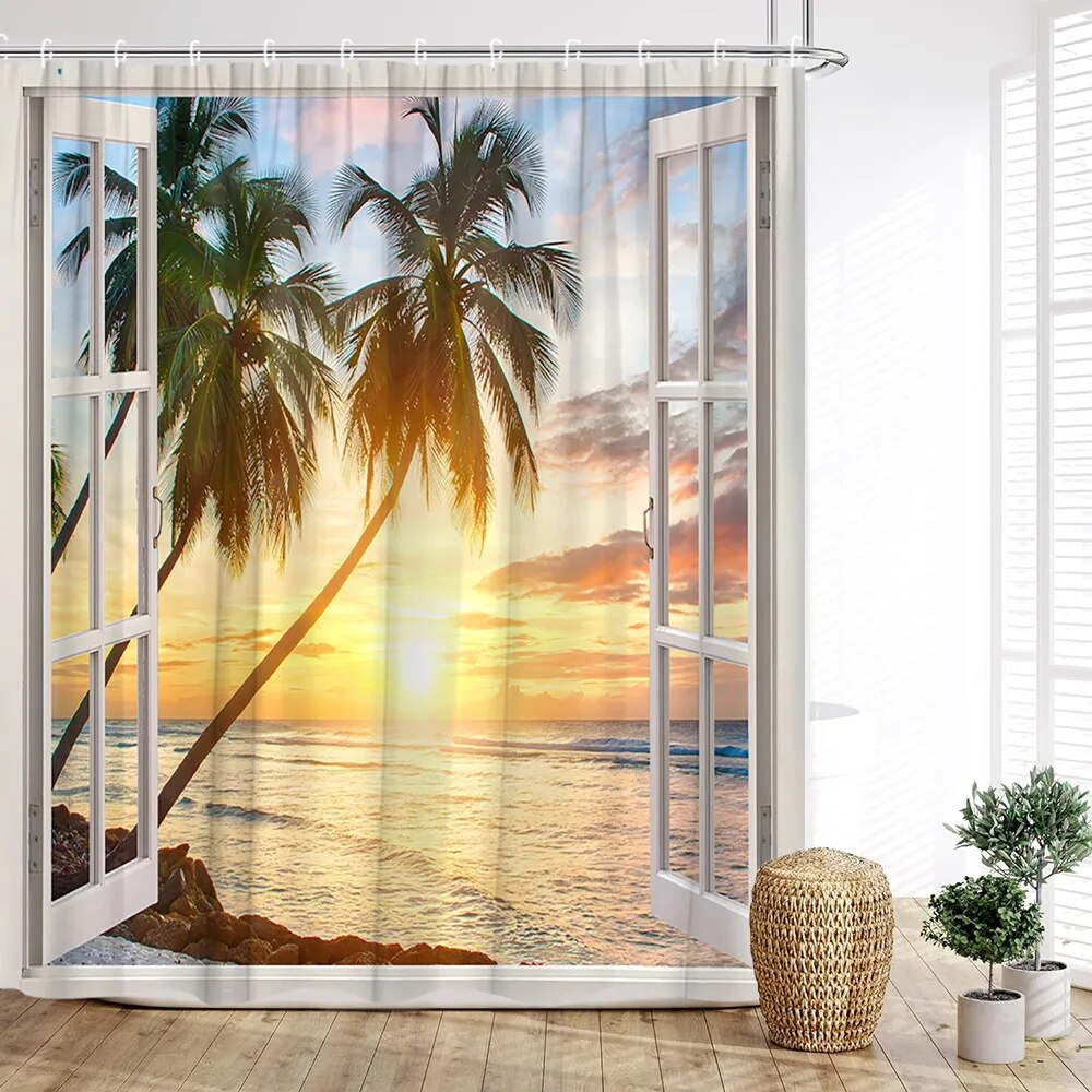 Ocean View Shower Curtain Beachfront Window View Beach Nature Landscape