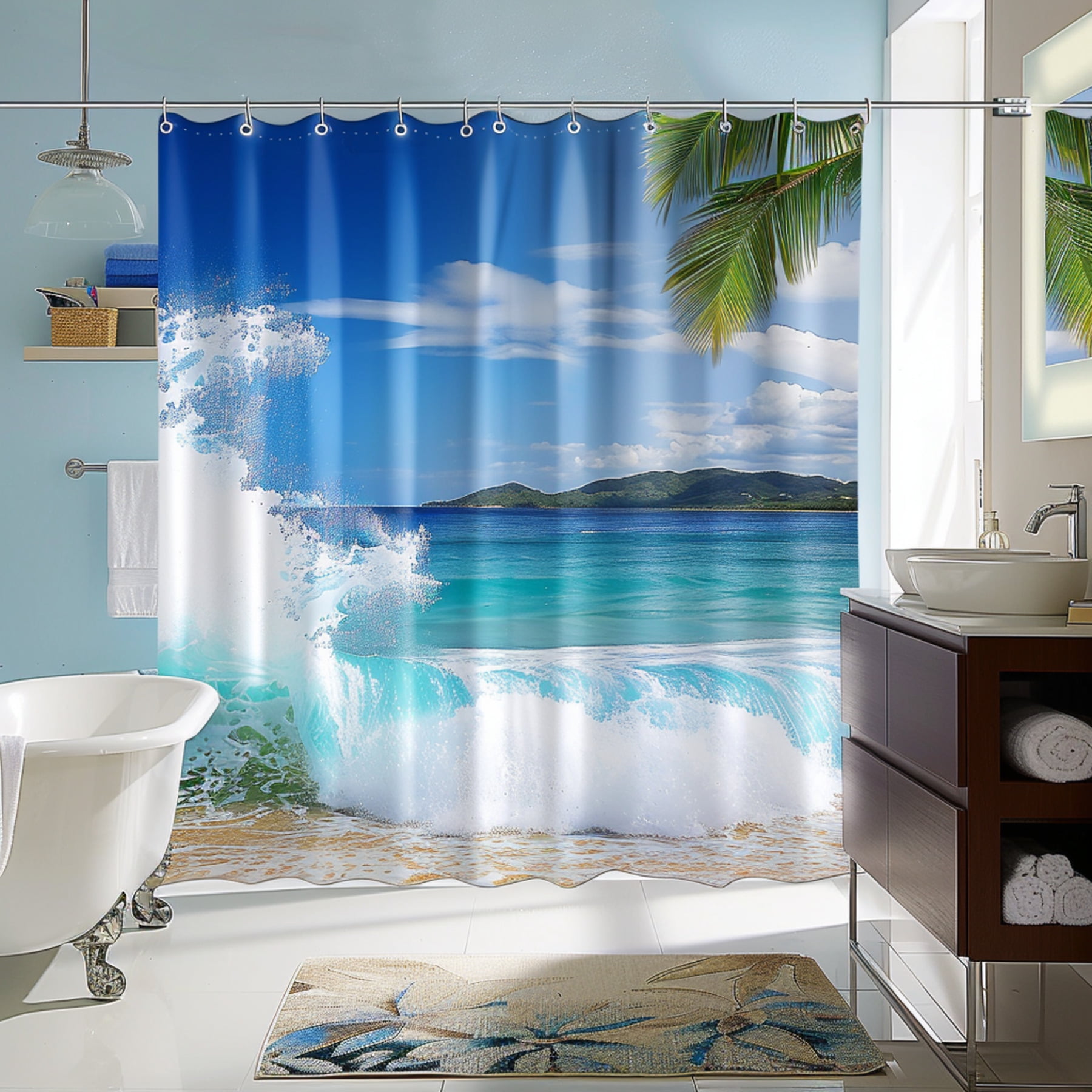 Ocean View Shower Curtain Set Tropical Beach Scene Palm Tree Modern