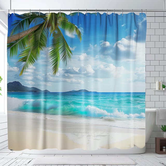 Ocean View Shower Curtain with Palm Tree Design Tropical Beach Bathroom
