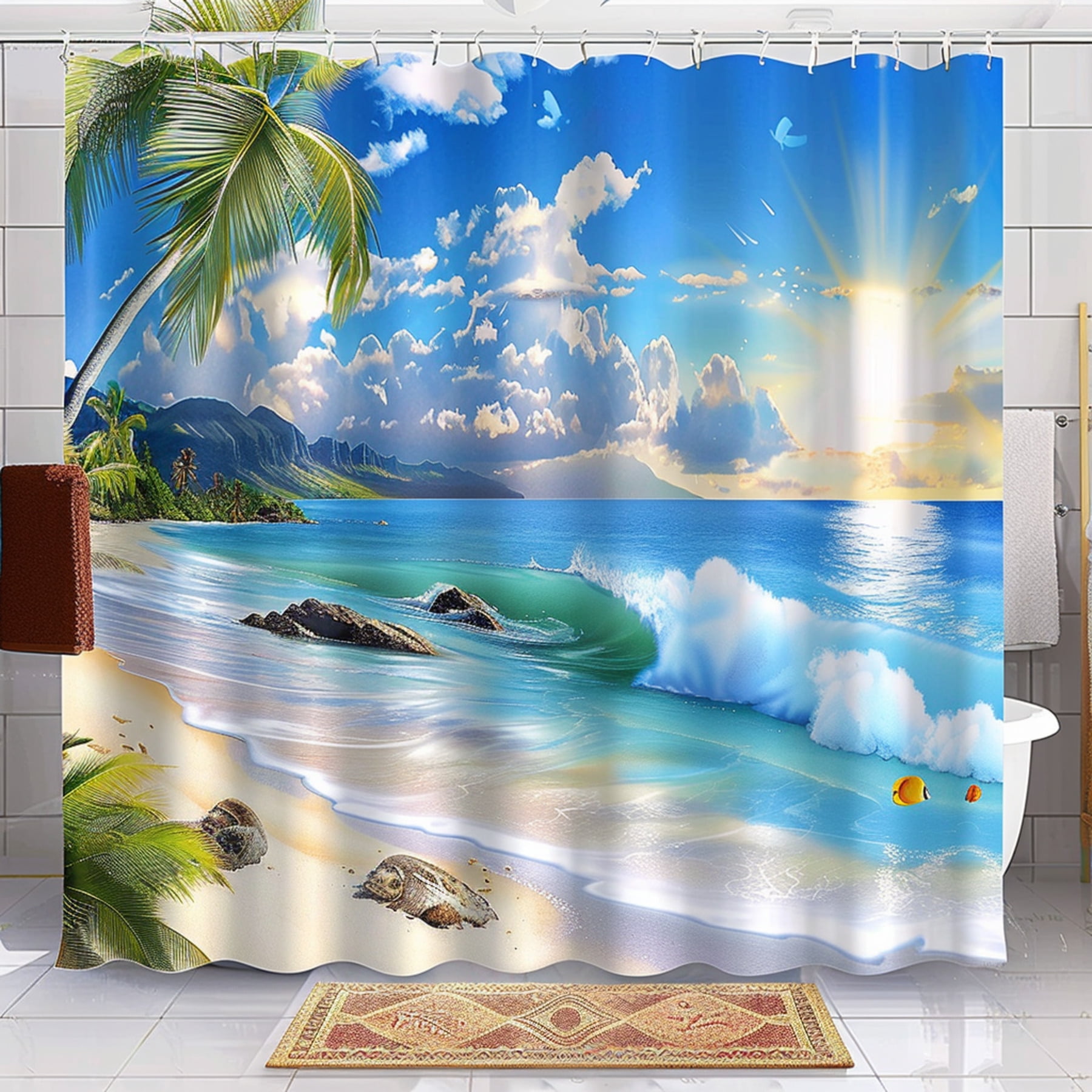 Ocean View Shower Curtain with Palm Trees and Beach Theme Tropical