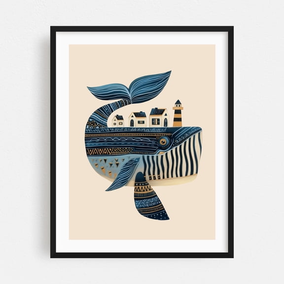Ocean Village - Digital Art Whimsical Marine Life Nautical Illustration Lighthouse Surrealism Animal Black Framed Wall Art Print 5 x 7 inches