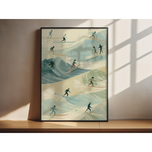 Ocean Vintage Surfing Retro Waves Coastal Illustration Poster , Poster Only