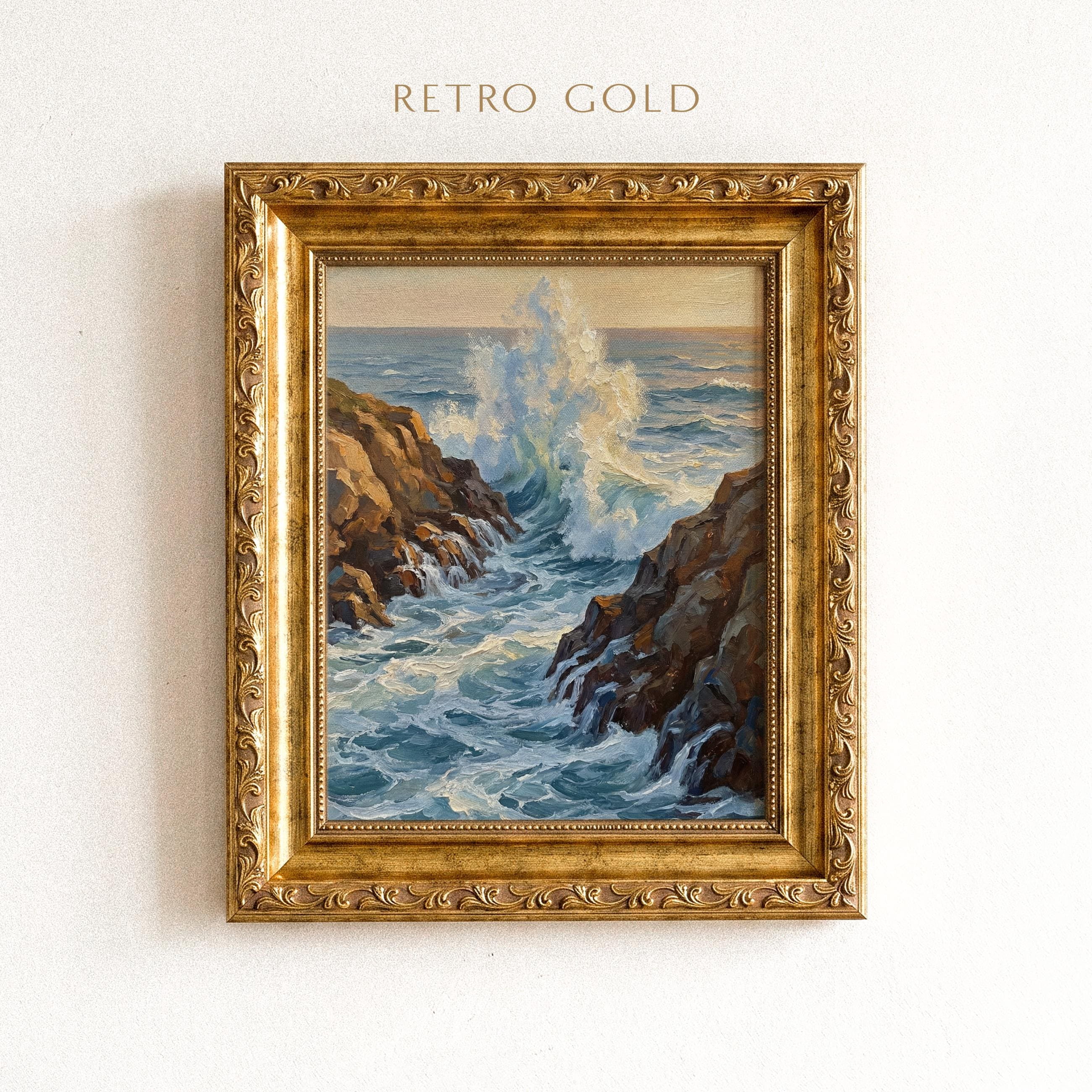 Ocean Vintage Waves Crashing On Rocks Seascape Coastal Nautical Beach ...