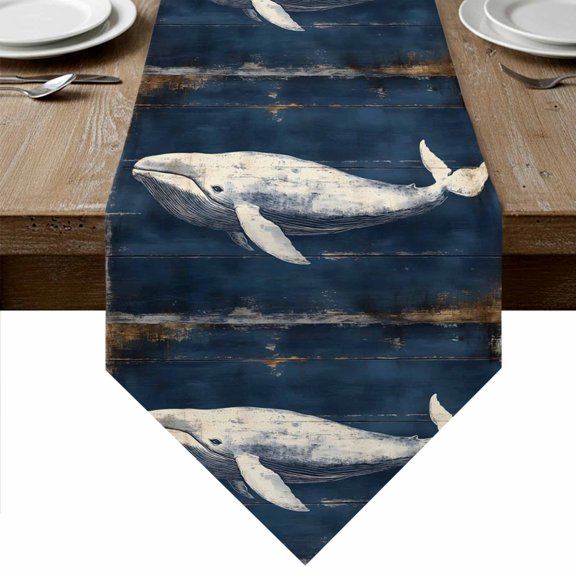 Ocean Vintage Whale Table Runner Linen Burlap Table Runner 36 Inches Small Summer Retro Wood Grain Dresser Scarves for Kitchen Island Coffee Dining Room Party Wedding Banquet Holiday Decor 13"x36"
