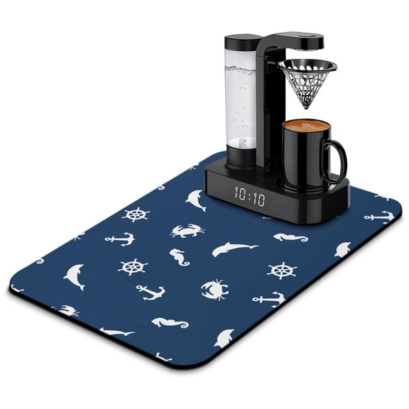 Ocean Voyage Coffee Bar Mat - Maritime Pattern Absorbent Mat for Coffee Setups, 4-Layer Non-Slip Countertop Protector