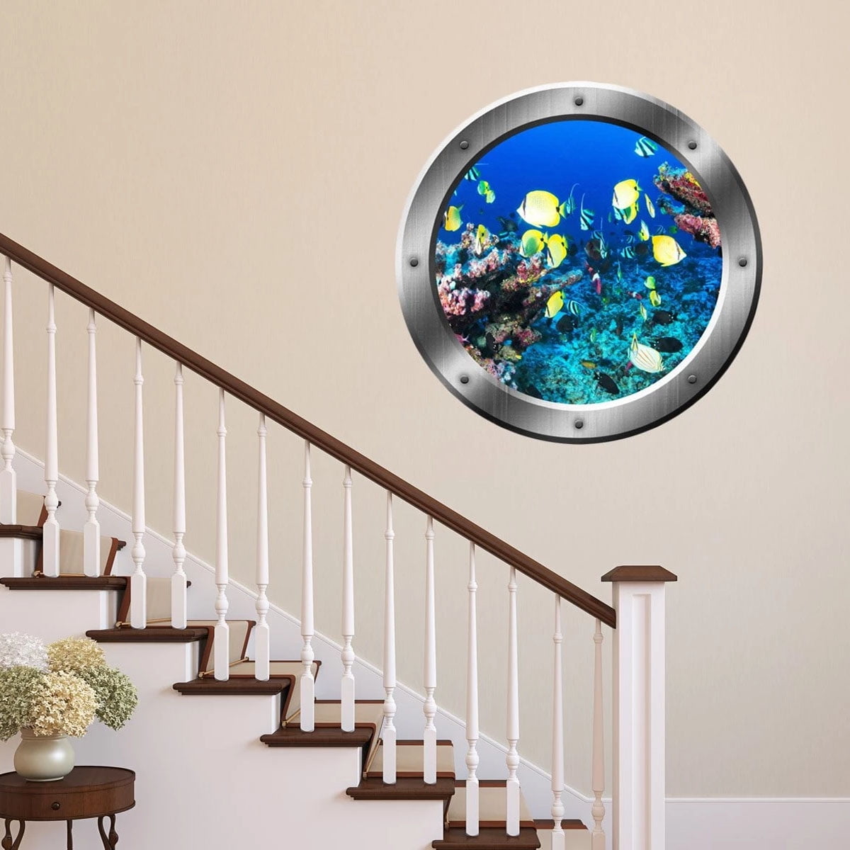 Ocean Wall Art Decor Submarine Window Porthole School of Fish Window Wall Mural Home Decor-VWAQ-SP16 (20" Diameter)