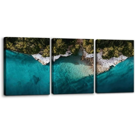 Ocean Wall Art Set of 3 - Framed Canvas Prints with Tropical Island Beach Waves Design - Perfect for Modern Home Decor - Ideal Wall Decor for Living Room Bedroom Bathroom and Office (12"x16"x3)