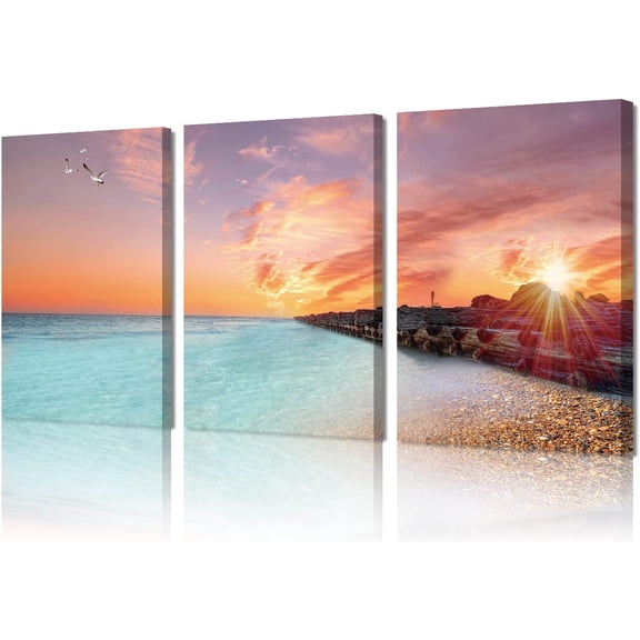 Ocean Wall Art Sunset Pier Sea View Artwork For Bedroom Dining Room Children''s Room Office Blue Canvas Wall Art Decorative Paintings Can Hang Paintings