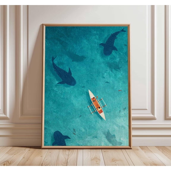 Ocean Wall Art, Whale Shark Poster, Kayak Adventure Print, Tropical Sea Illustration, Coastal Beach Decor, Nautical Wall Artwork