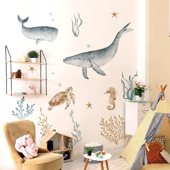 Ocean Wall Decals Whale Shark Under The Sea Wall Stickers Peel and Stick Underwater Murals Baby Nursery Room Kids Bedroom Decor