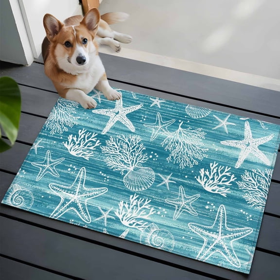 Ocean Washable Entry Rug 2x3 Summer Beach Sea Star Coral Shell Teal Texture Low Pile Indoor Door Mat with Rubber Backing Thin Area Rug for for Entrance, Bedroom, Kitchen, Laundry, Bathroom