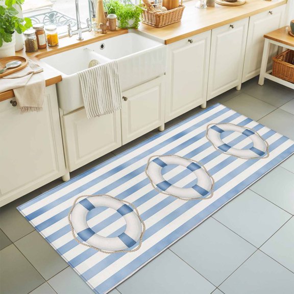 Ocean Washable Runner Rugs 2'x6', Coastal Nautical Sea Rope Watercolor Blue Stripes Lines Washable Runner Rug Non-Slip Sturdy Edge Binding Carpet for Bedside Hallway Runner Kitchen Galley