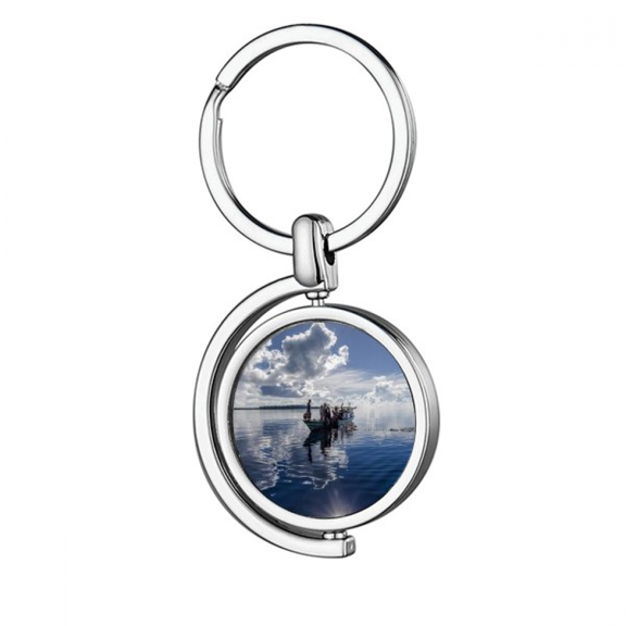 Ocean Water Blue Boat People Picture Rotating Keychain Metal Keyring Holder