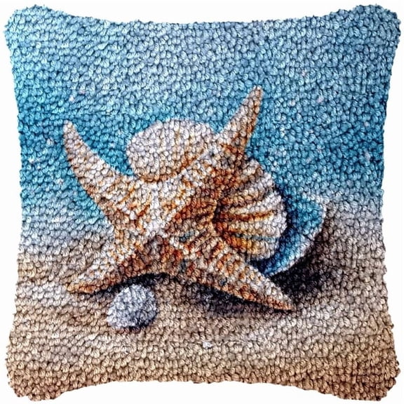 Ocean Water Sea Starfis & Shell Latch Hook Kits Pillow DIY Pillow Cover Crochet Hooking Cushion Making Kits Color Pattern Canvas Pillowcase Hooking Kits DIY Latch Hook Kits Set 43x43cm(F136)