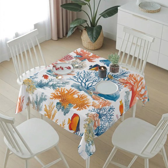 Ocean Watercolor Coral Fish Table Cloth 54x54in, Waterproof Square Tablecloth Wipeable Tablecloths Abstract Nautical Sea Creatures Table Covers for Dining Tables Party Indoor Outdoor
