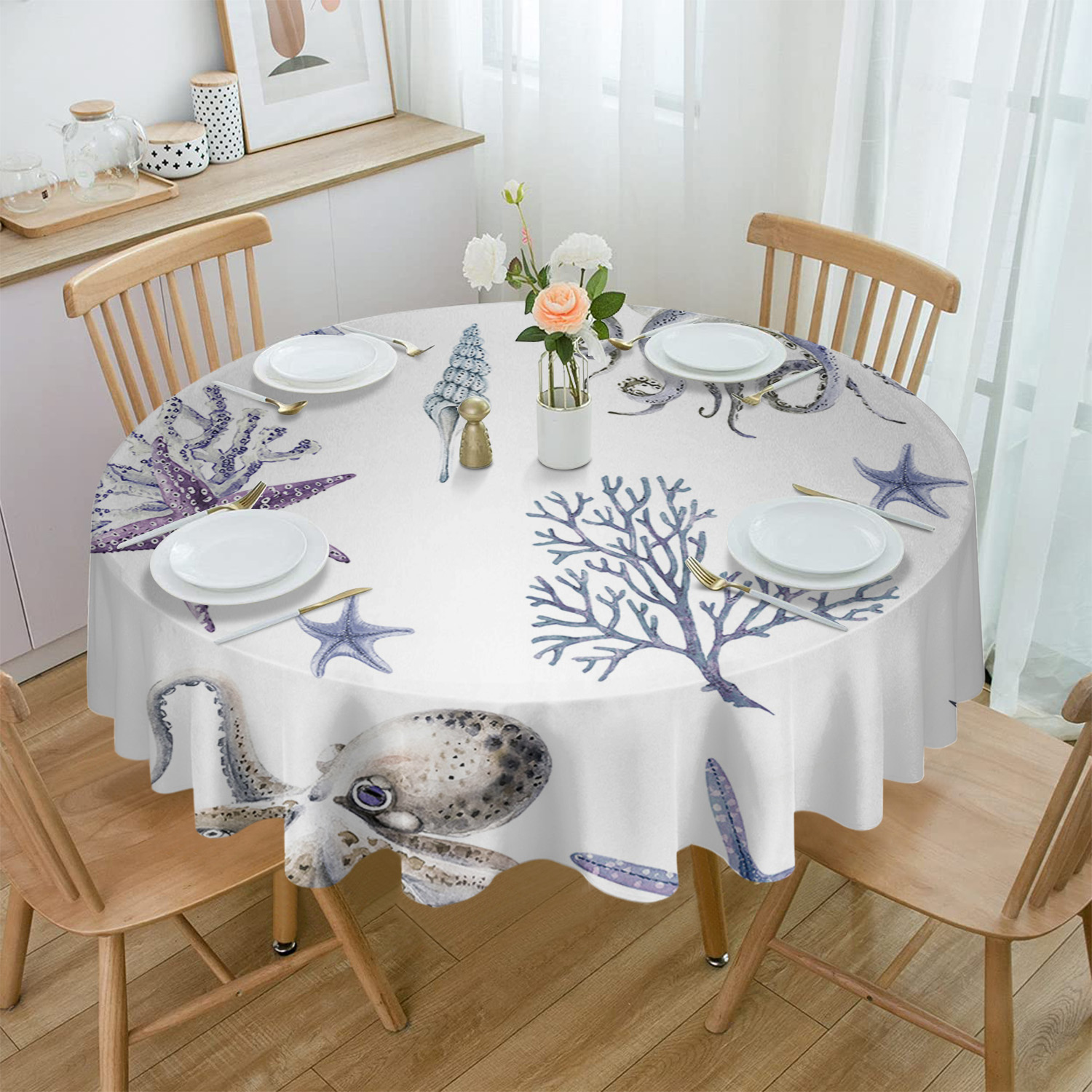 Ocean Watercolor Creatures StarOctopus Tablecloths for Dining Table ...