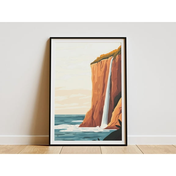 Ocean Waterfall Cliff Coast Poster Coastal Landscape Art Print Modern Minimalist Nature Wall Decor Calm Beach Scene Orange Brown Tones - Poster Unframed
